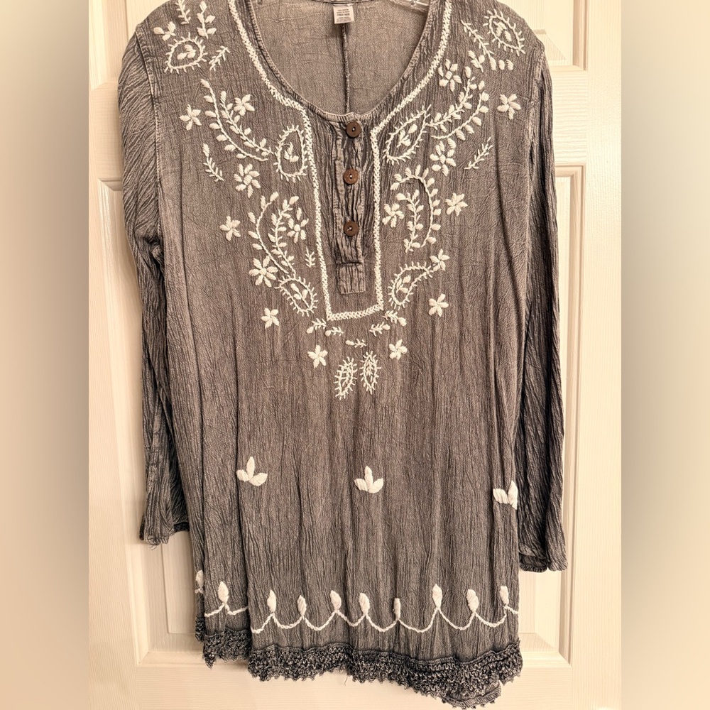 Embroidered Gray Tunic Top with Button Placket